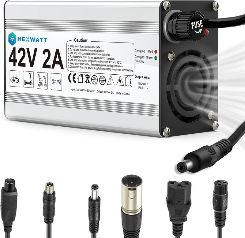 HEXWATT 42V 2A Charger for 36V Lithium-ion Battery Electric Scooter ebike Electric Bike Hoverboard Universal Replacement Charger with 6 Connectors - Image 1